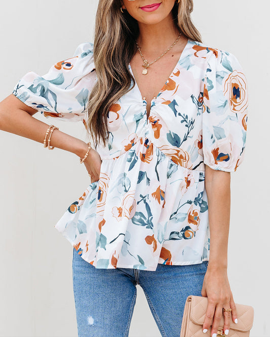 Green Floral Print Puff Sleeve V Neck Babydoll Blouse