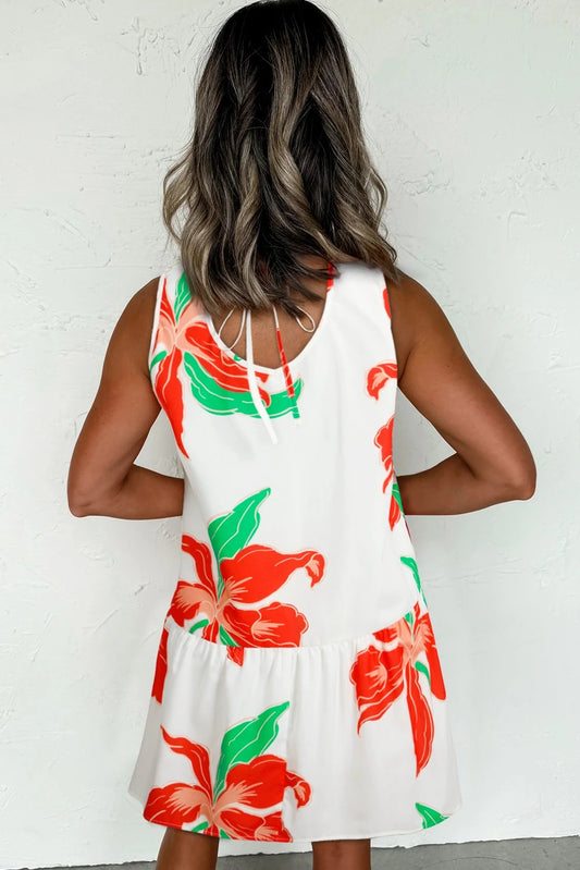 Red Floral Print Tie Front Ruffle Hem Mini Dress