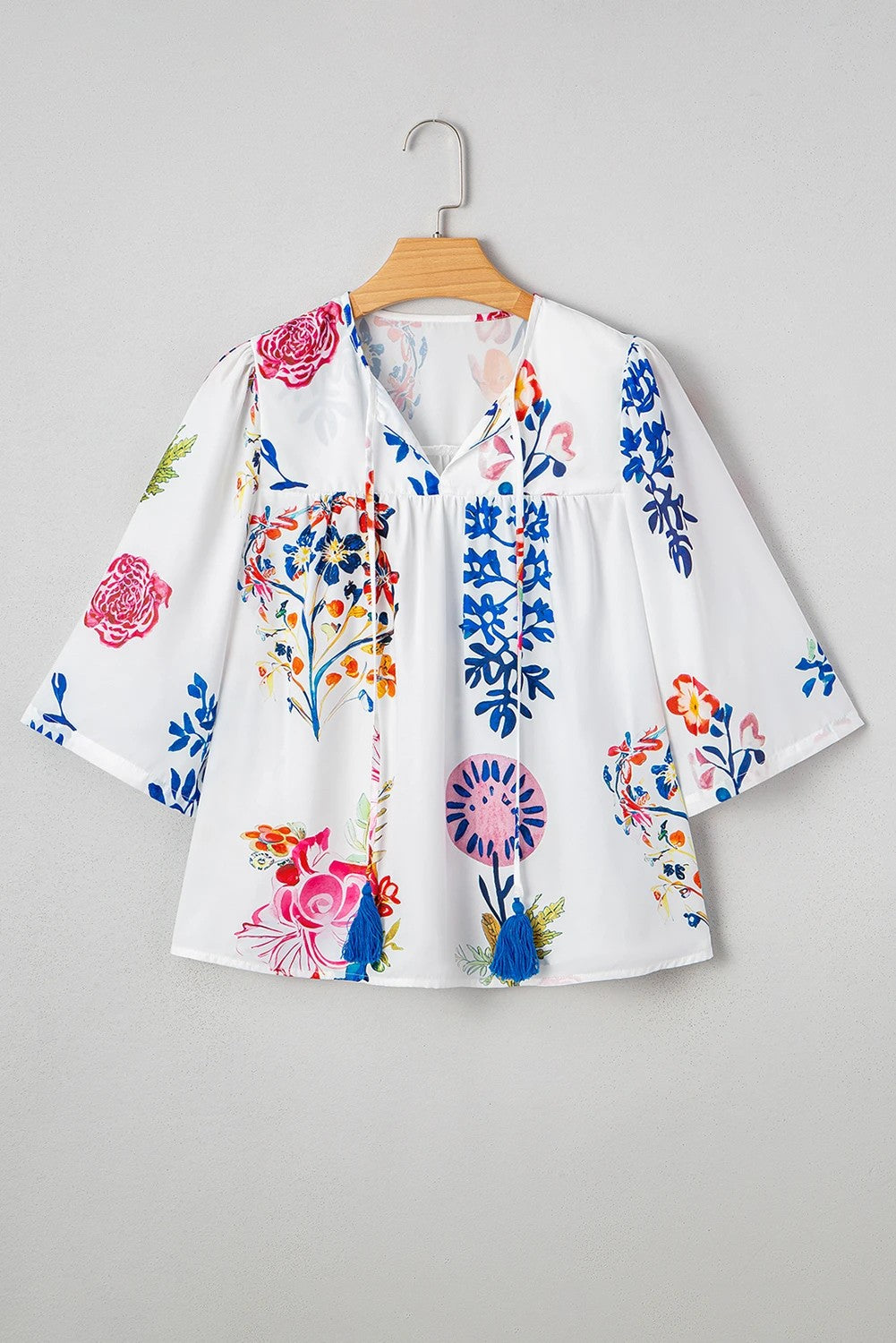 White Boho Floral Fringe Tie V Neck Blouse