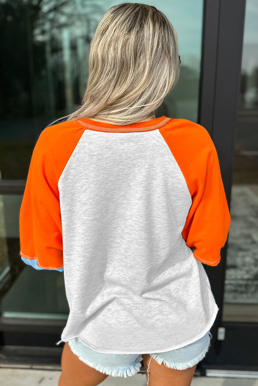 Light Grey Color Block Raglan Sleeve Contrast Stitching Loose Fit Top