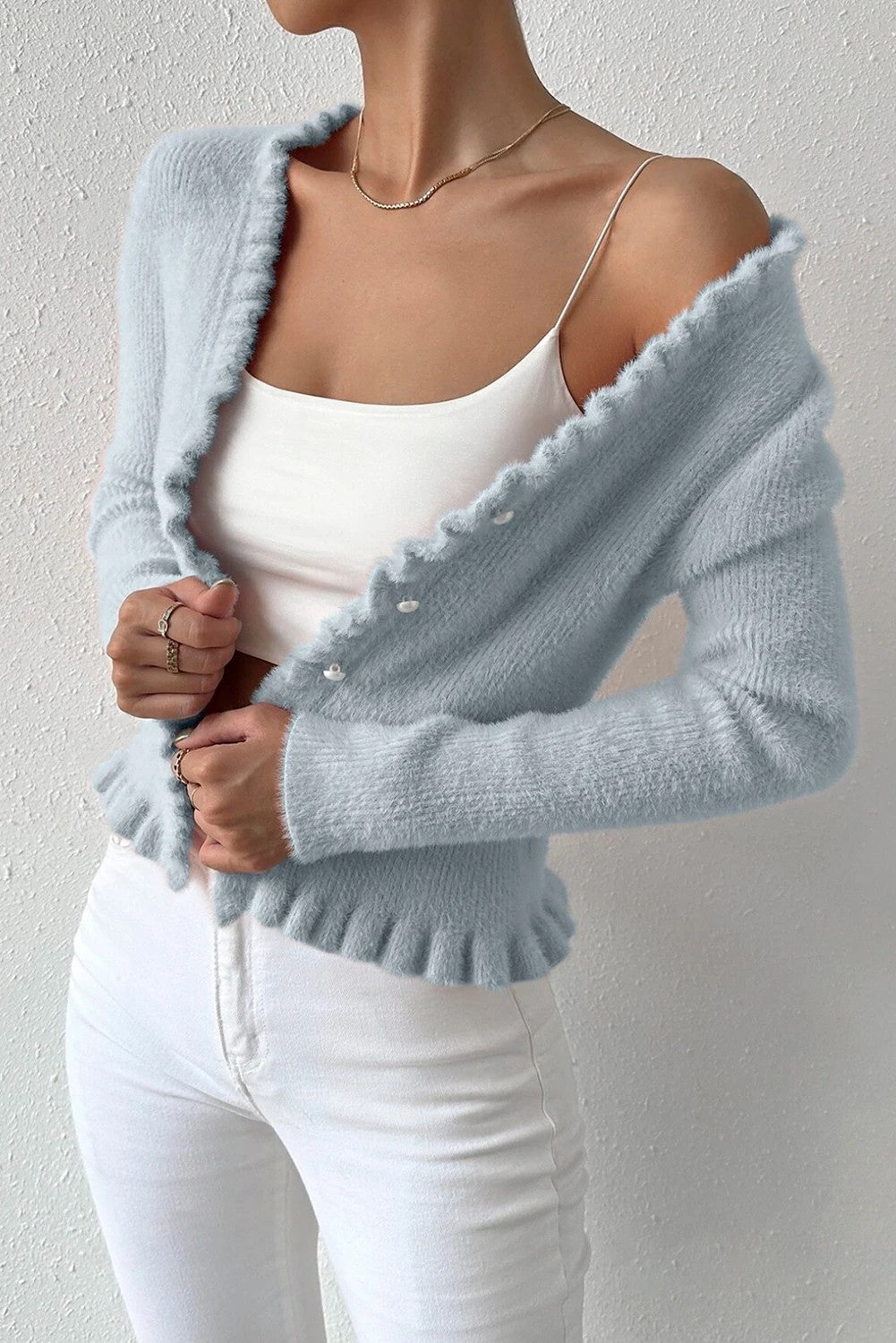 Beau Blue Pearl Button V Neck Sweater Cardigan