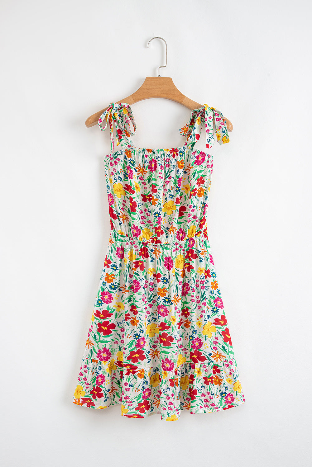 Red Floral Knotted Straps Cinched Waist Ruffle Hem Mini Dress