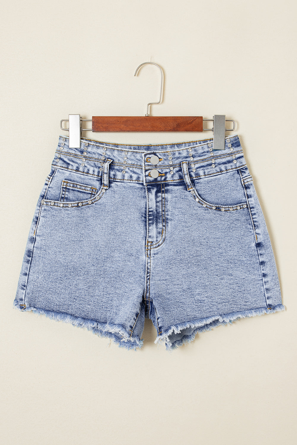 Beau Blue Rhinestone Light Wash Raw Hem High Waist Denim Shorts