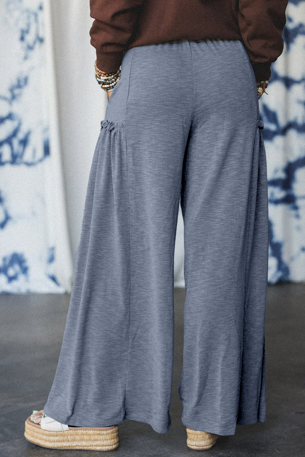 High Frilled Detail Wide Leg High Waist Knit Pants