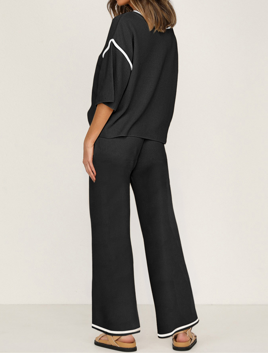 Black Contrast Trim Half Sleeve Top Drawstring Pants Loose 2pcs Sweater Suit