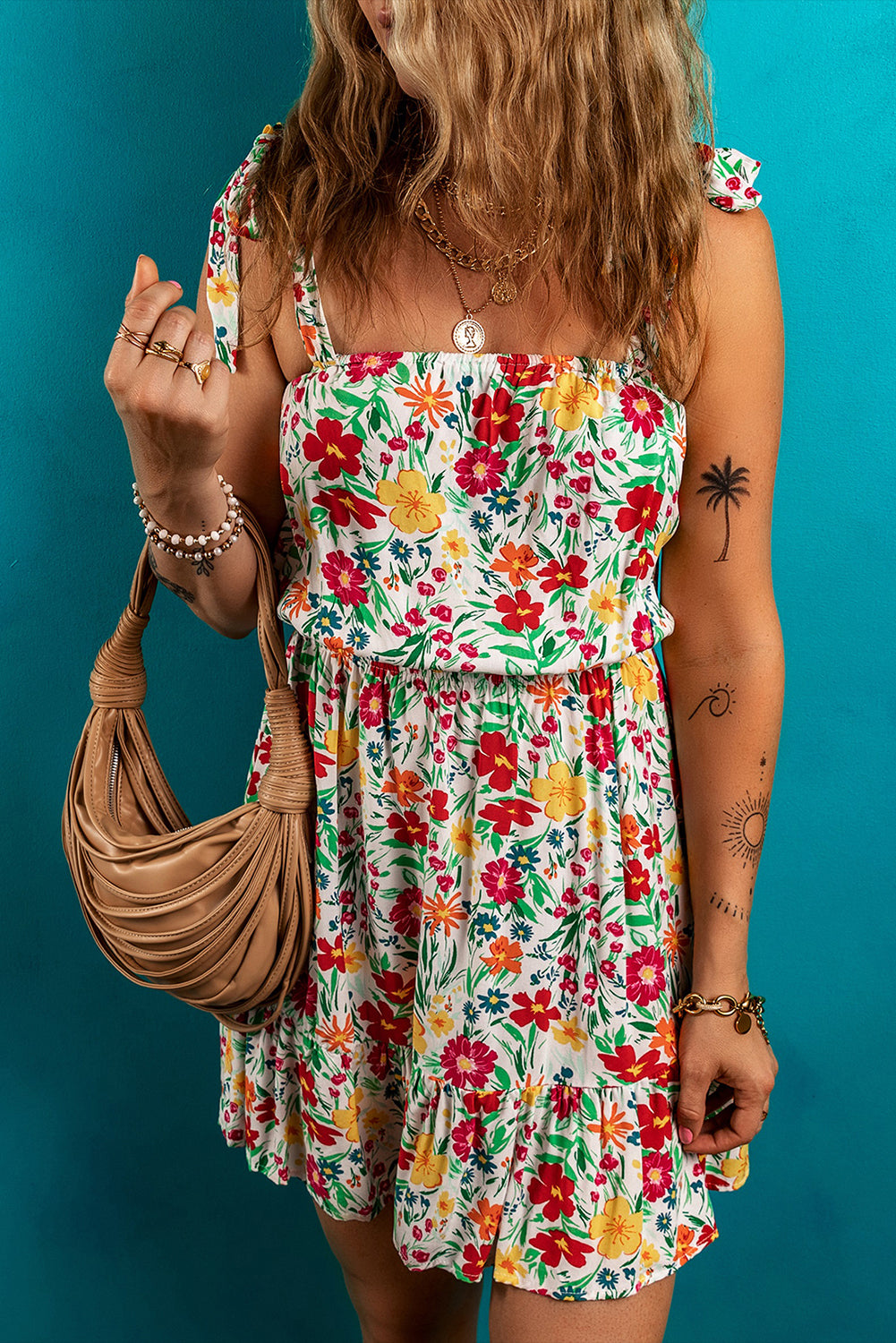 Red Floral Knotted Straps Cinched Waist Ruffle Hem Mini Dress