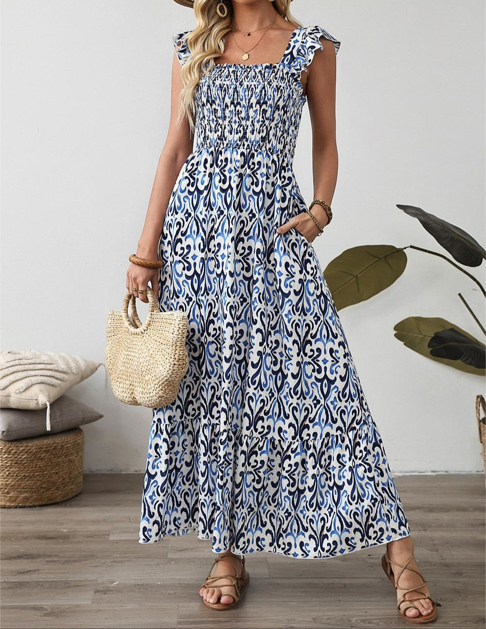 Sky Blue Boho Print Smocked High Waist Maxi Dress