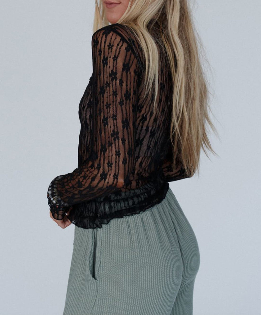Black Sheer Floral Lace Long Sleeve Slim Fit Top