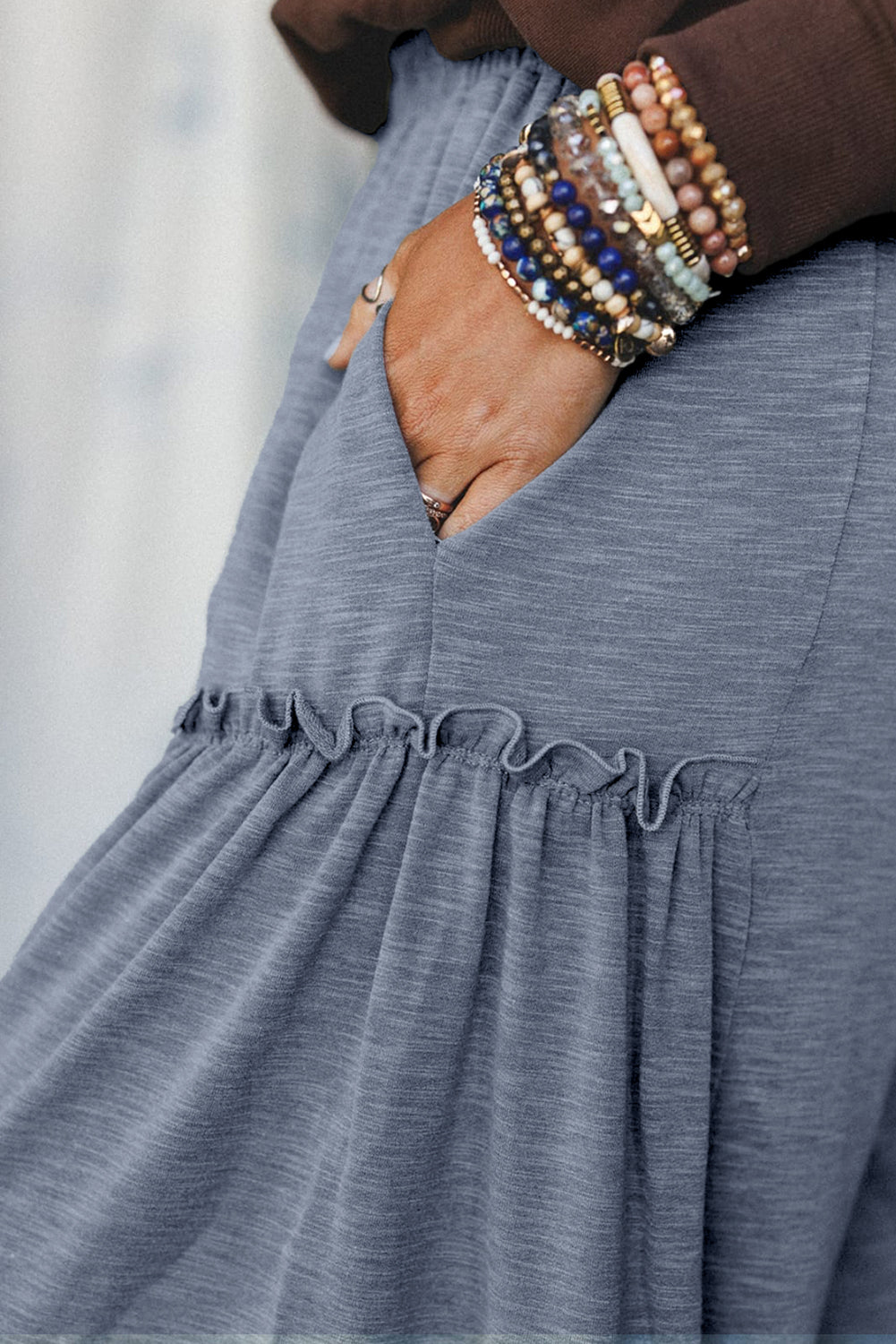 High Frilled Detail Wide Leg High Waist Knit Pants