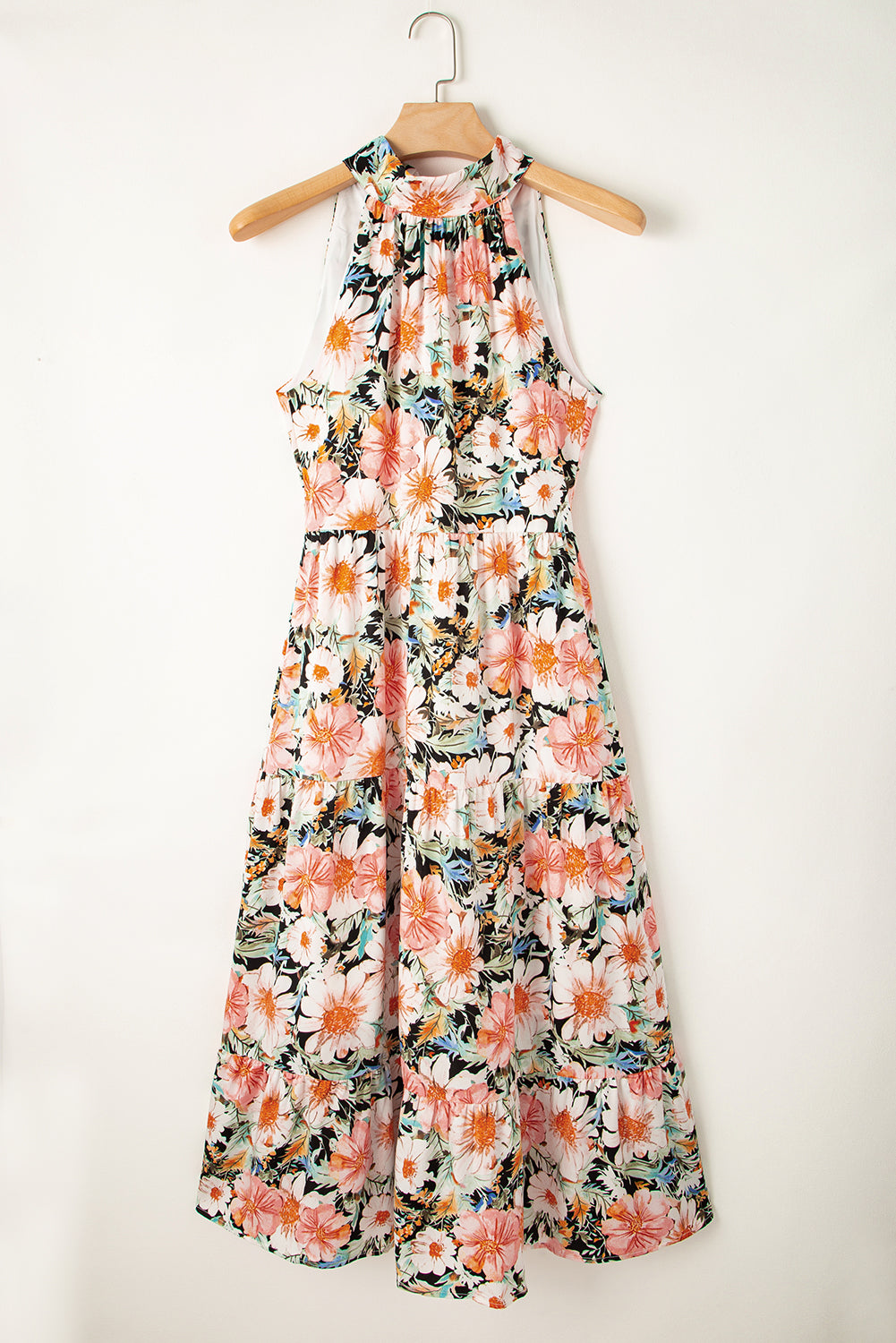 Black Boho Floral Print Knotted Halter Ruffled Maxi Dress