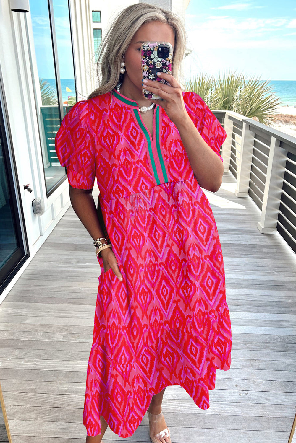 Red Allover Print Contrast Split Neckline Short Puff Sleeve Curvy Dress