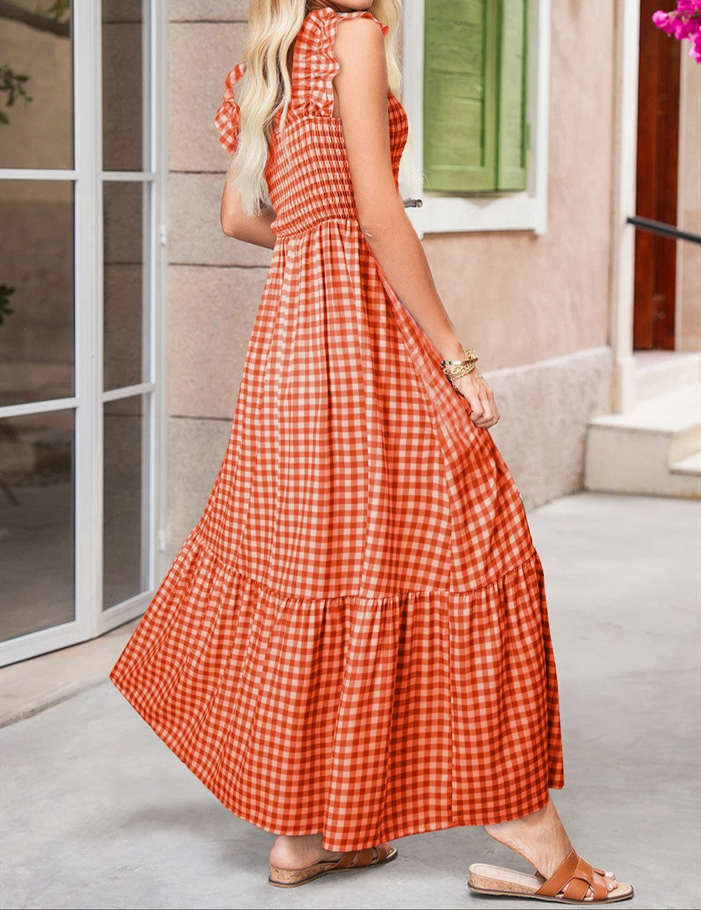 Red Plaid Square Neck Sleeveless Maxi Dress