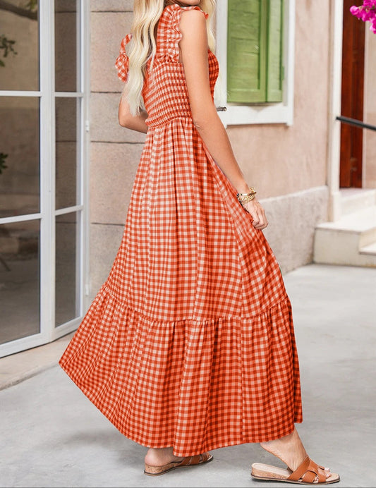 Red Plaid Square Neck Sleeveless Maxi Dress
