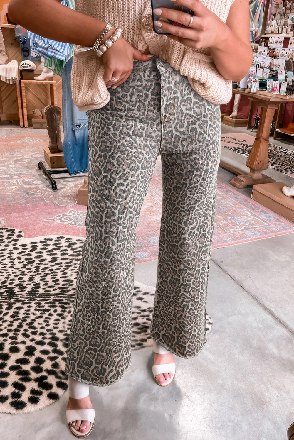 Brown Leopard High Waist Frayed Hem Jeans