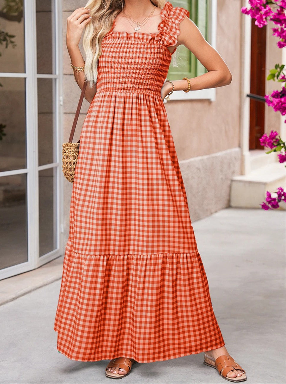 Red Plaid Square Neck Sleeveless Maxi Dress