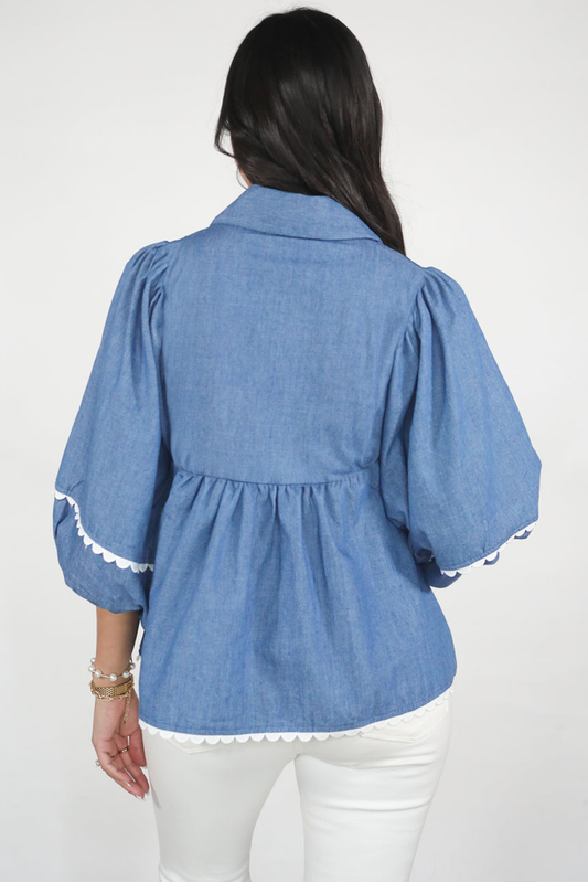 Dusk Blue Lace Ric Rac 3/4 Puff Sleeve Collared Babydoll Blouse