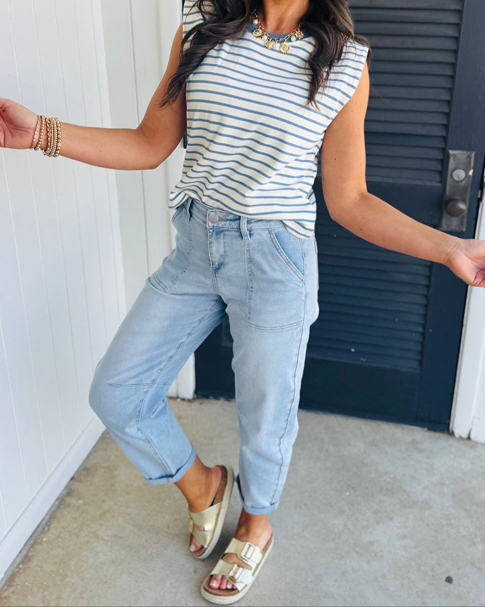 Beau Blue High Rise Barrel Relaxed Patch Pocket Jeans