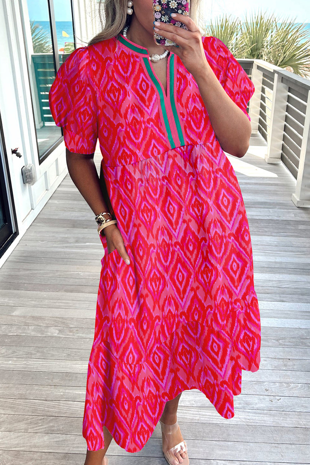 Red Allover Print Contrast Split Neckline Short Puff Sleeve Curvy Dress