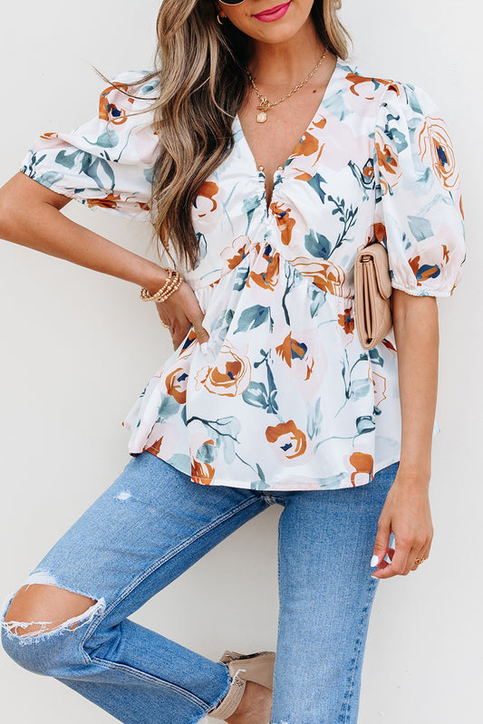 Green Floral Print Puff Sleeve V Neck Babydoll Blouse