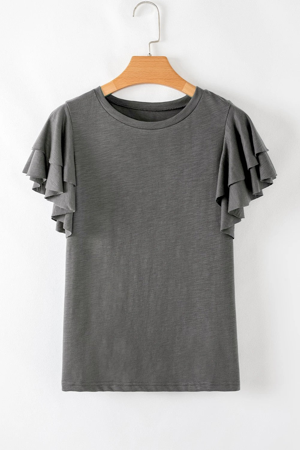 Dark Grey Ruffle Sleeve Plain Blouse