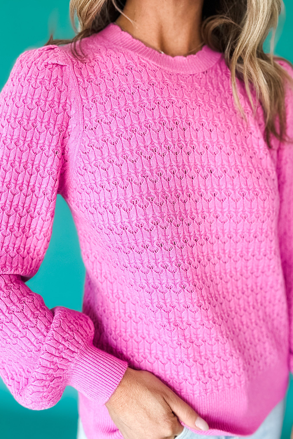 Bright Pink Trendy Pattern Knit Ribbed Cuffs Crew Neck Sweater