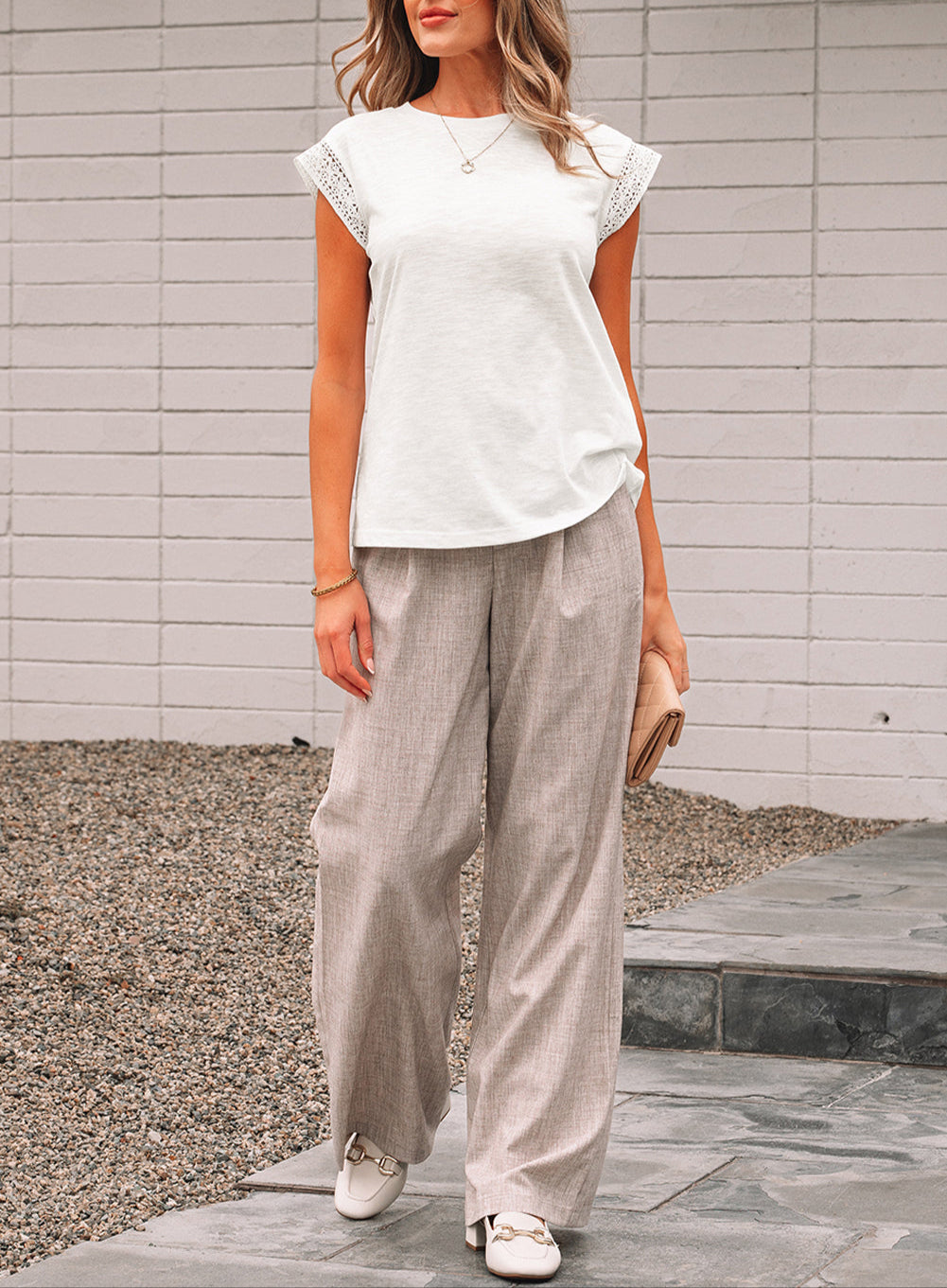 White Lace Patchwork Cap Sleeve Round Neck T Shirt