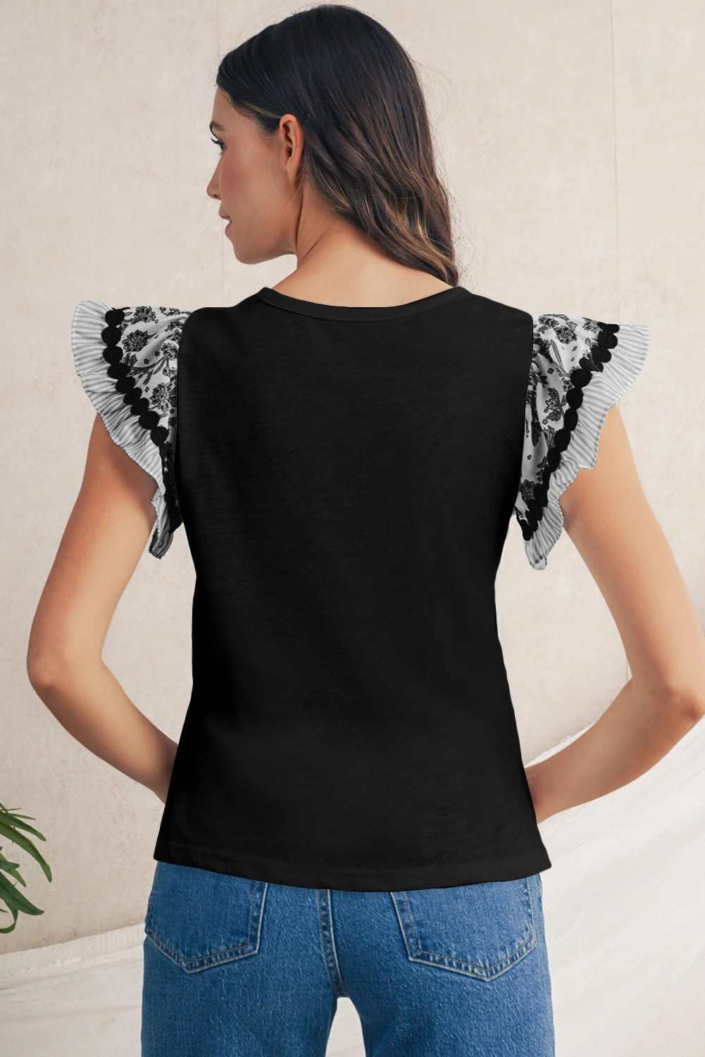 Black Floral Striped Patchwork Flutter Sleeve Blouse