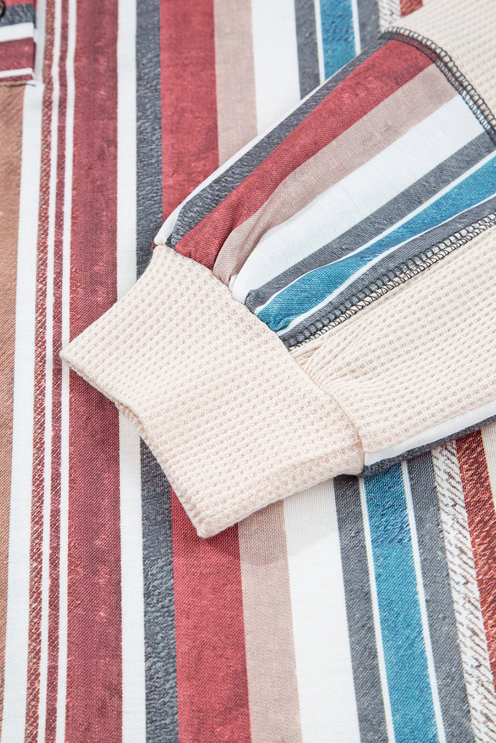 Beige Striped Waffle Patchwork Exposed Seam Raw Edge Casual Knit Top