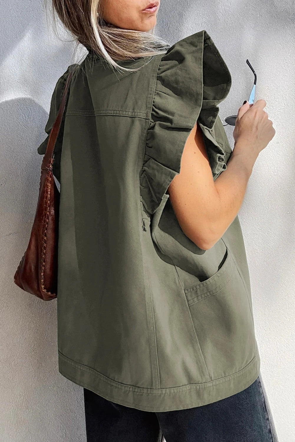 Green Bay Ruffled Patchwork Denim Jacket Vest