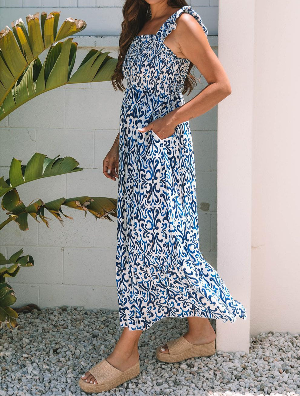 Sky Blue Boho Print Smocked High Waist Maxi Dress