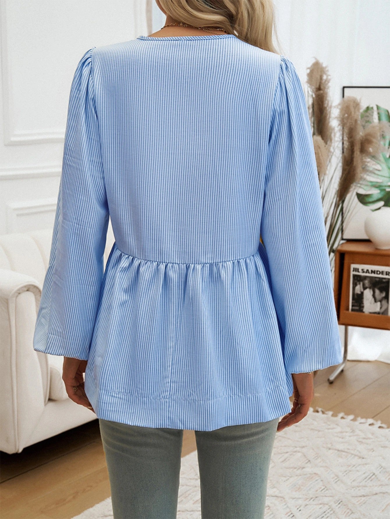 Sky Blue Striped Bow Tie Front Peplum Shirt