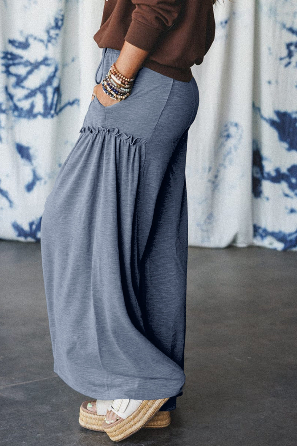 High Frilled Detail Wide Leg High Waist Knit Pants