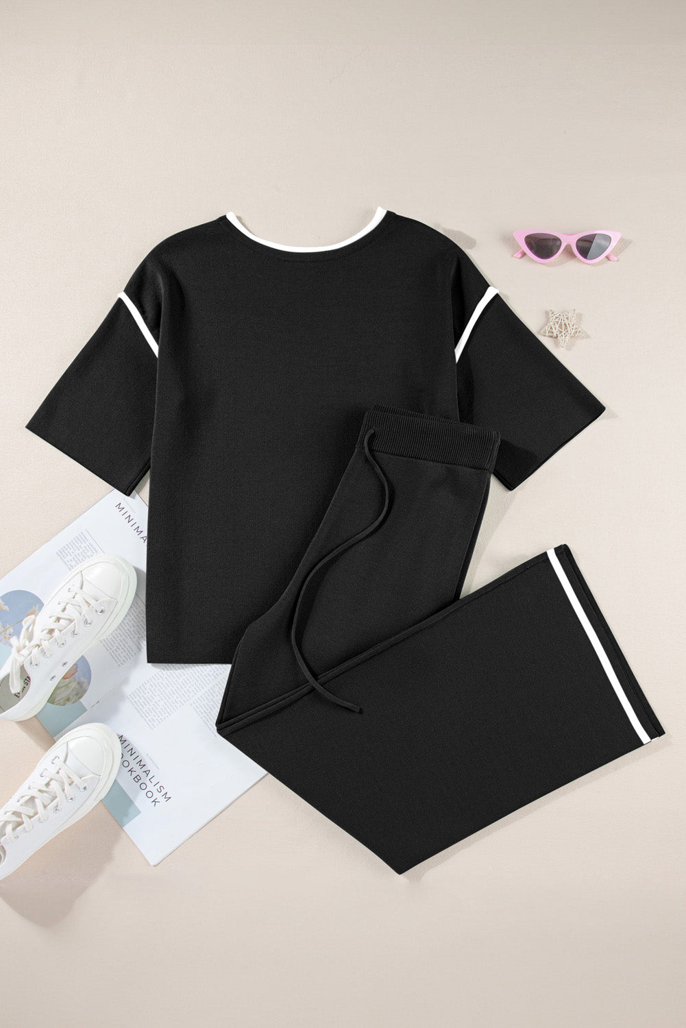 Black Contrast Trim Half Sleeve Top Drawstring Pants Loose 2pcs Sweater Suit