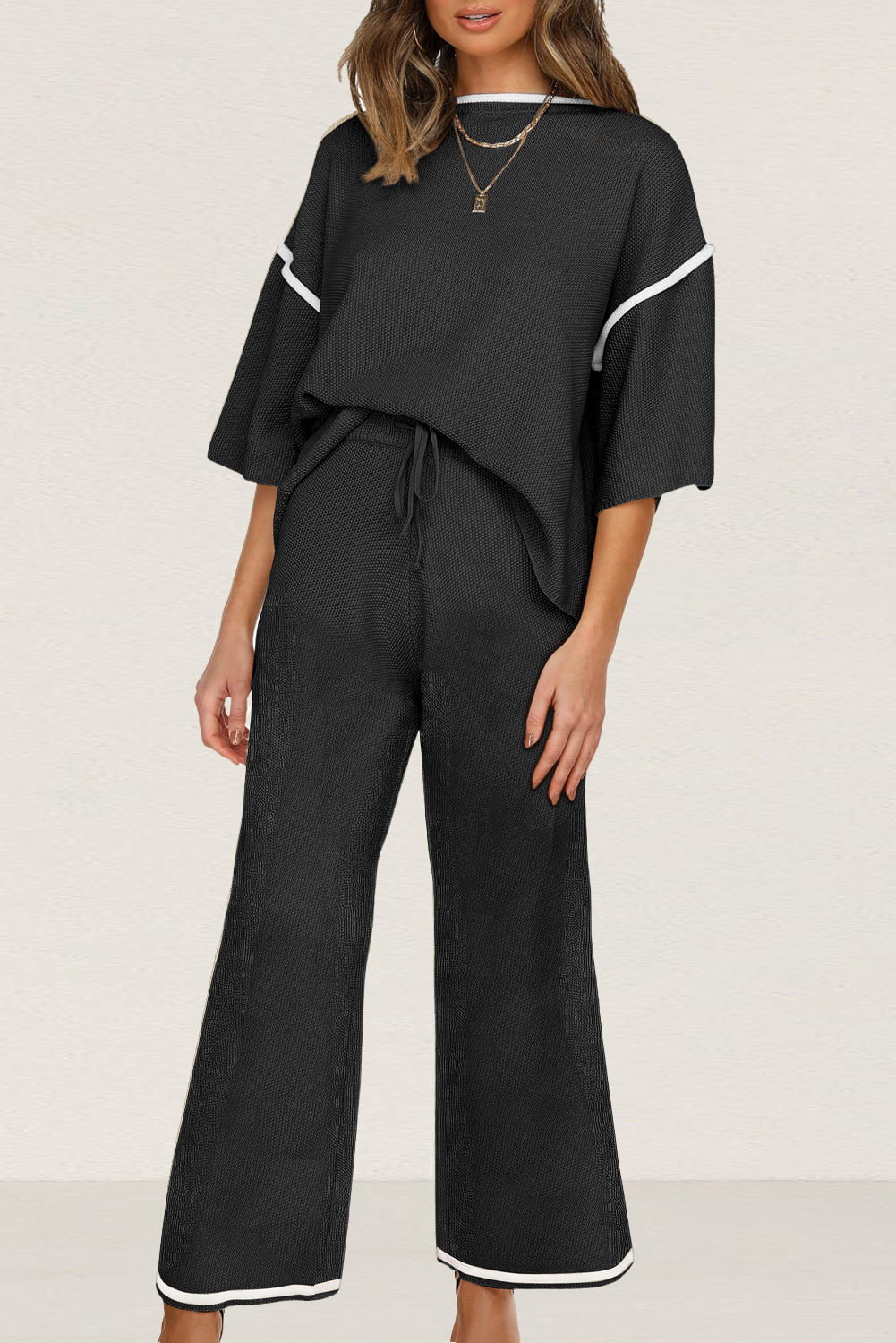Black Contrast Trim Half Sleeve Top Drawstring Pants Loose 2pcs Sweater Suit