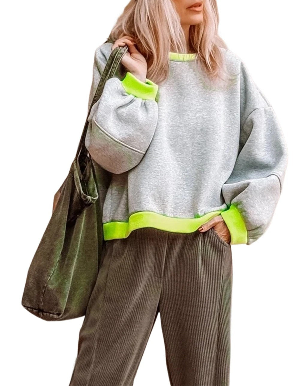 Light Grey Contrast Color Banding Patchwork Puff Sleeve Loose Sweatshirt