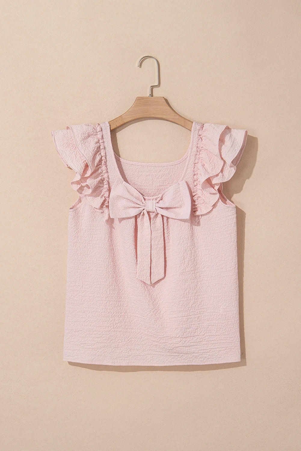 Gossamer Pink Textured Bow Frilled Ruffle Sleeve Blouse