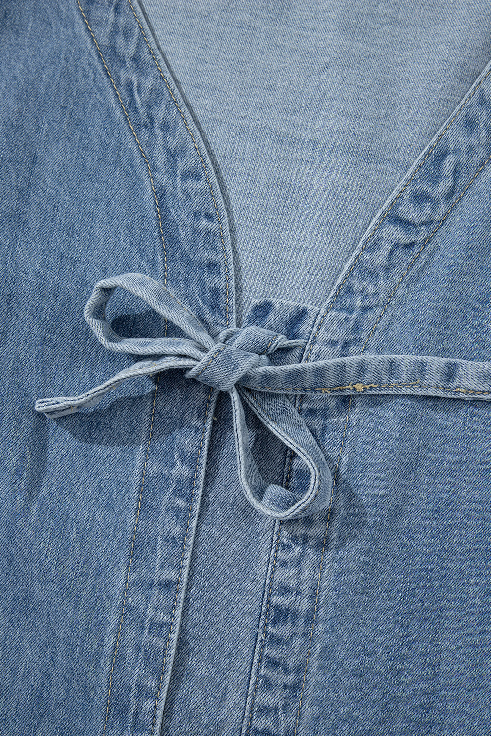 Dusk Blue Tied Front Long Puff Sleeve Denim Top